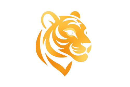 Create a modern, vector-style cartoon tiger head logo with no text. The tiger should face right, have a confident and friendly expression, and use smooth, bold lines with a minimalist design. Use a warm orange or gold gradient on a black background. The style should feel playful yet premium, suitable for a jewelry brand, but with no lettering or text of any kind.